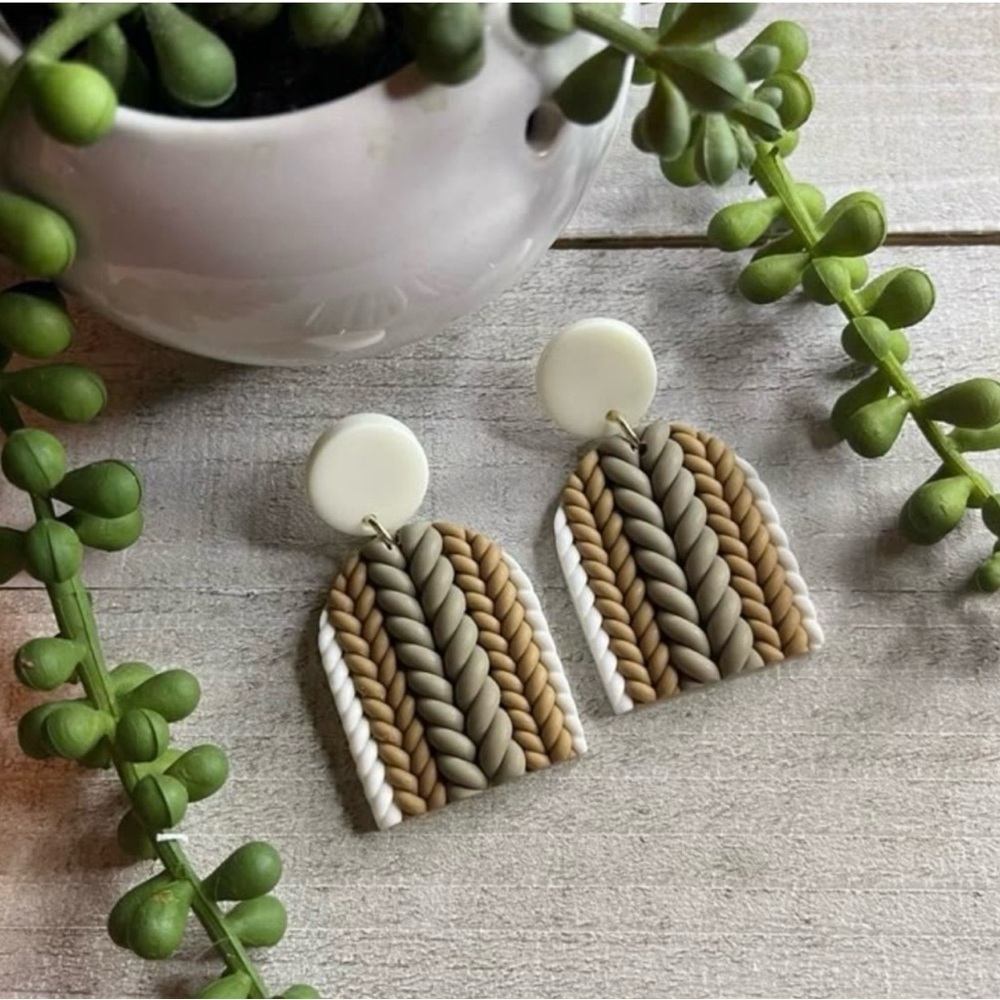 Fun, Cable Knit Sweater Pattern Clay Drop Dangle Earrings, White, Tan - Picture 5 of 16